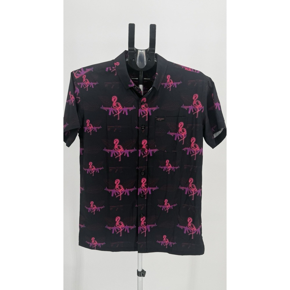 Retro Rifle Saws‎ & Do Flamingo Tropical Print Short Sleeve Button Shirt Men M